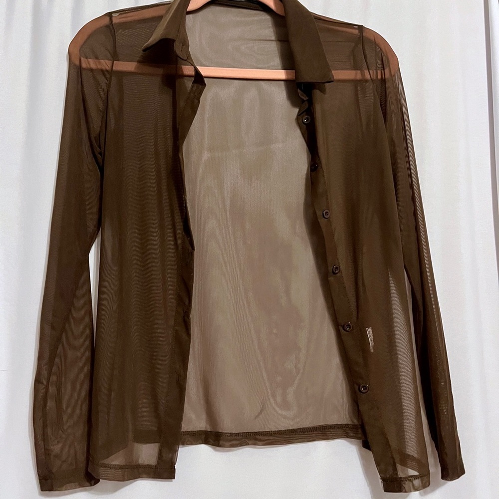 Mesh button up, brown, long sleeve, medium